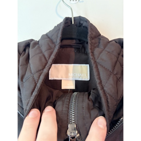 Michael Kors Long Black Hooded Coat Quilted Sleeves Medium Soft Shell Stretch - Picture 5 of 8